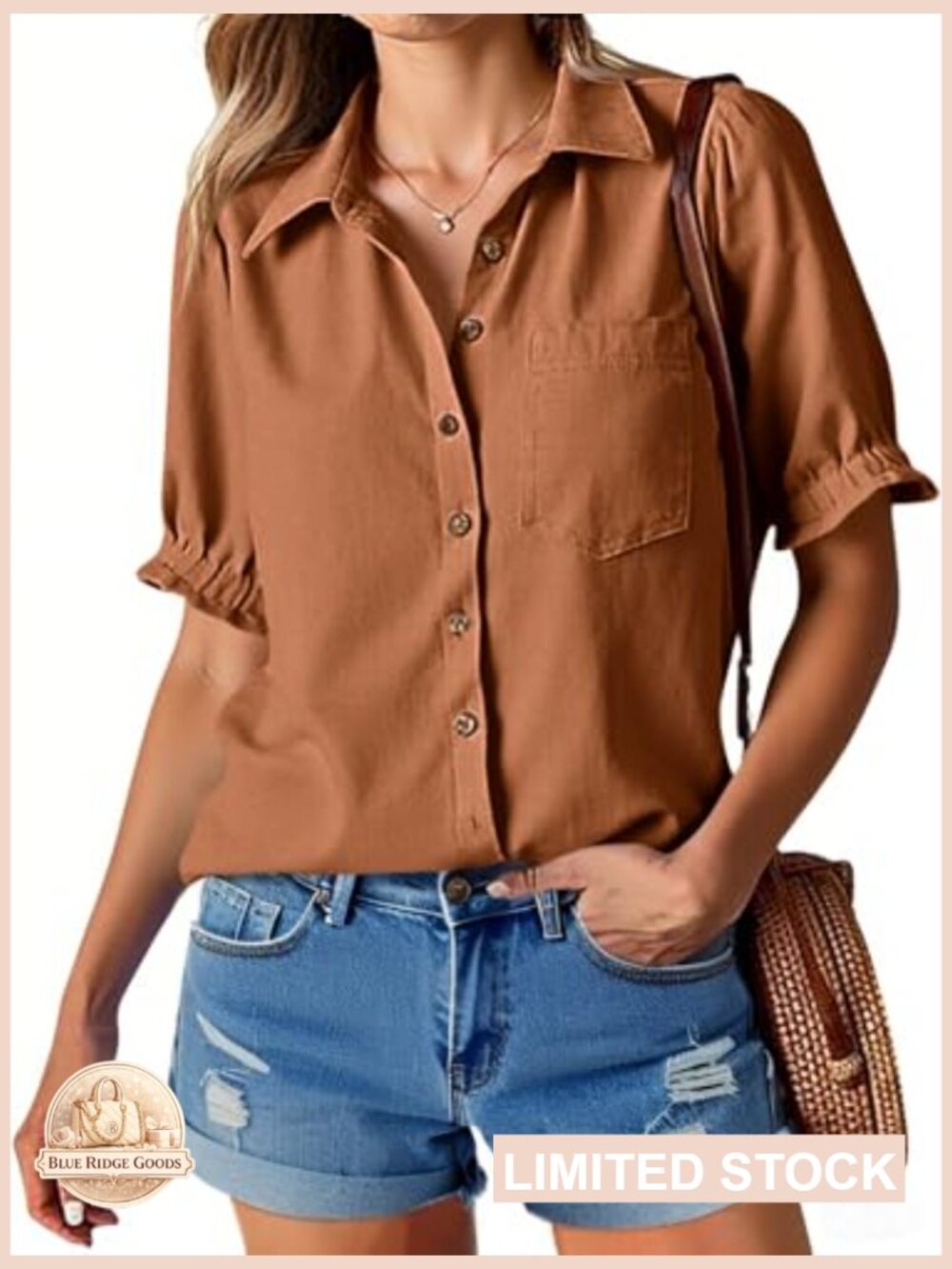 Puff Short Sleeve Button Down Shirt Casual Collared V Neck Linen Loose Fit - Picture 2 of 7
